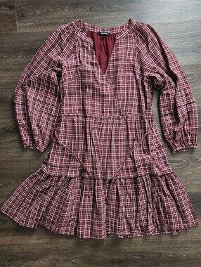 NWOT Madewell Burgundy Plaid Tiered Long-Sleeve Dress, Size S